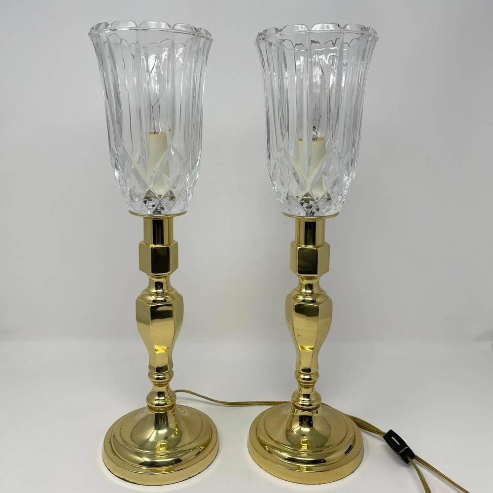 VTG Crystal Torchiere Hurricane‎ Brass Lamps Buffet Mantle Set of 2 Tested Works
